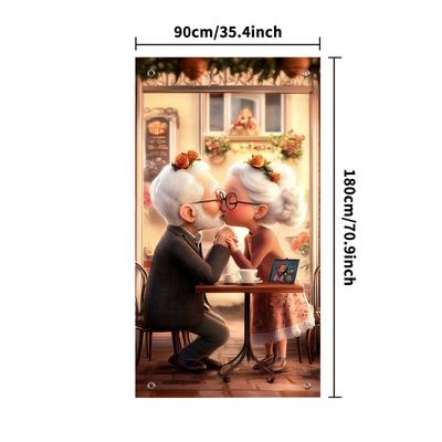 "TEMU 2d Door Banner 1pc Elderly Couple Door Banner, 70.9" X 35.4" Polyester Fabric, Decoration For Home & Parties, No Electricity Needed" Image