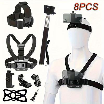 TEMU 8pcs Action Head Strap Chest Strap Mount Adjustable For Camera Phone Stability Versatilit Image