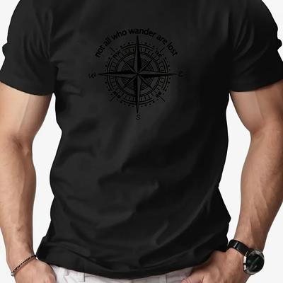 "TEMU 1pc Men's Compass Graphic T-shirt - 100% Cotton Regular Neck Tee With "not Are Lost" Quote, White Casual Summer Top For Adults" Image