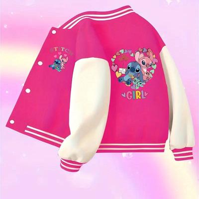 TEMU Licensed Single Youth Baseball Jacket Featuring Stitch Pattern Iron-on Warm Autumn And Winter Casual Sports Suitable For Kids' Jacket Fashionable, Soft Fabric Outerwear School Uniforms Image
