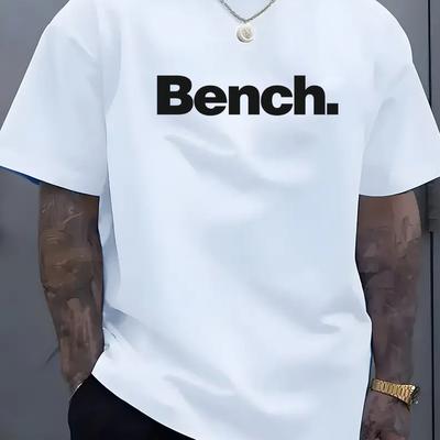"TEMU Men's Bench Graphic T-shirt - "bench" Print , Lightweight Stretchy Fabric, , Regular Size, Casual Outdoor & Casual Attire, Comfortable Streetwear, Modern Crew Neck, Flexible Fabric Shirt" Image