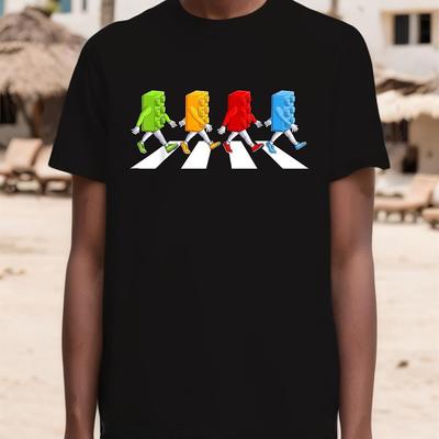 TEMU Men' Cotton Knit T-shirt With Colorful Brick Blocks Graphic - Casual & Sporty Design, Whimsical Abstract Character Print, , Machine Washable, Regular Fit Short Sleeve Round Neck Tee Image