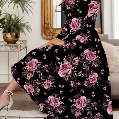 TEMU Plus Size Elegant Floral Print Long Dress - Polyester & Spandex Blend, Crew Neck, Long Sleeve, Medium Stretch, Knit Fabric, Pullover Fit And Flare Style For All Image