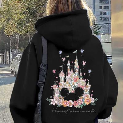 TEMU Castle Mouse & Floral Print Zip-up Hoodie With Pockets - Cozy Fleece-lined Casual Sportswear, Red, Fall/winter Collection Image