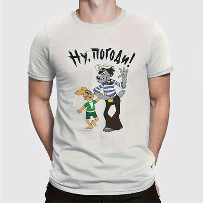TEMU Wolf & Cartoon Mens T-shirt - White Vintage Russian Text Graphic Tee, Casual Round Neck Regular Fit, Machine Washable Adult Sizes Image