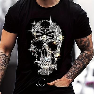 TEMU Men's Rhinestone Skull Graphic Cotton T-shirt - Breathable Loose Neck Short Sleeve, Sporty , Machine Washable Versatile Top, Skull T Shirt, Easycare Clothing, Sparkling Texture Image