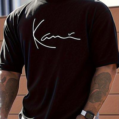 TEMU Kani Mens Signature Script Print T-shirt - 100% Cotton Loose Fit Breathable Summer Tee, Casual Short Sleeve Round Neck Top For Daily & Outdoor Wear, Comfortable Streetwear Minimalist Fabric Shirt Image