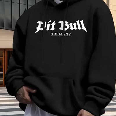 "TEMU Men's Casual Hooded Sweatshirt With "pit Bull" Letter Print - 100% Polyester, Machine Washable, Regular Fit, 250gsm" Image