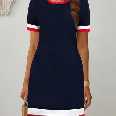 TEMU Women's Navy Blue Short Sleeve A-line Dress - Casual Summer Dress With Red And , Knee-length, Crew Neck, Polyester Fabric, Casual Summer Dress | Aline Silhouette | Polyester Dres Image