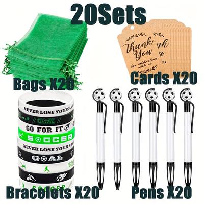 TEMU 5/10/20 Sets Of Soccer Party Favors Including Soccer Pen, Charm Bracelets, Cards, And Bags. Soccer-themed Party Favor Setups Are Sporty Birthday Celebrations Image