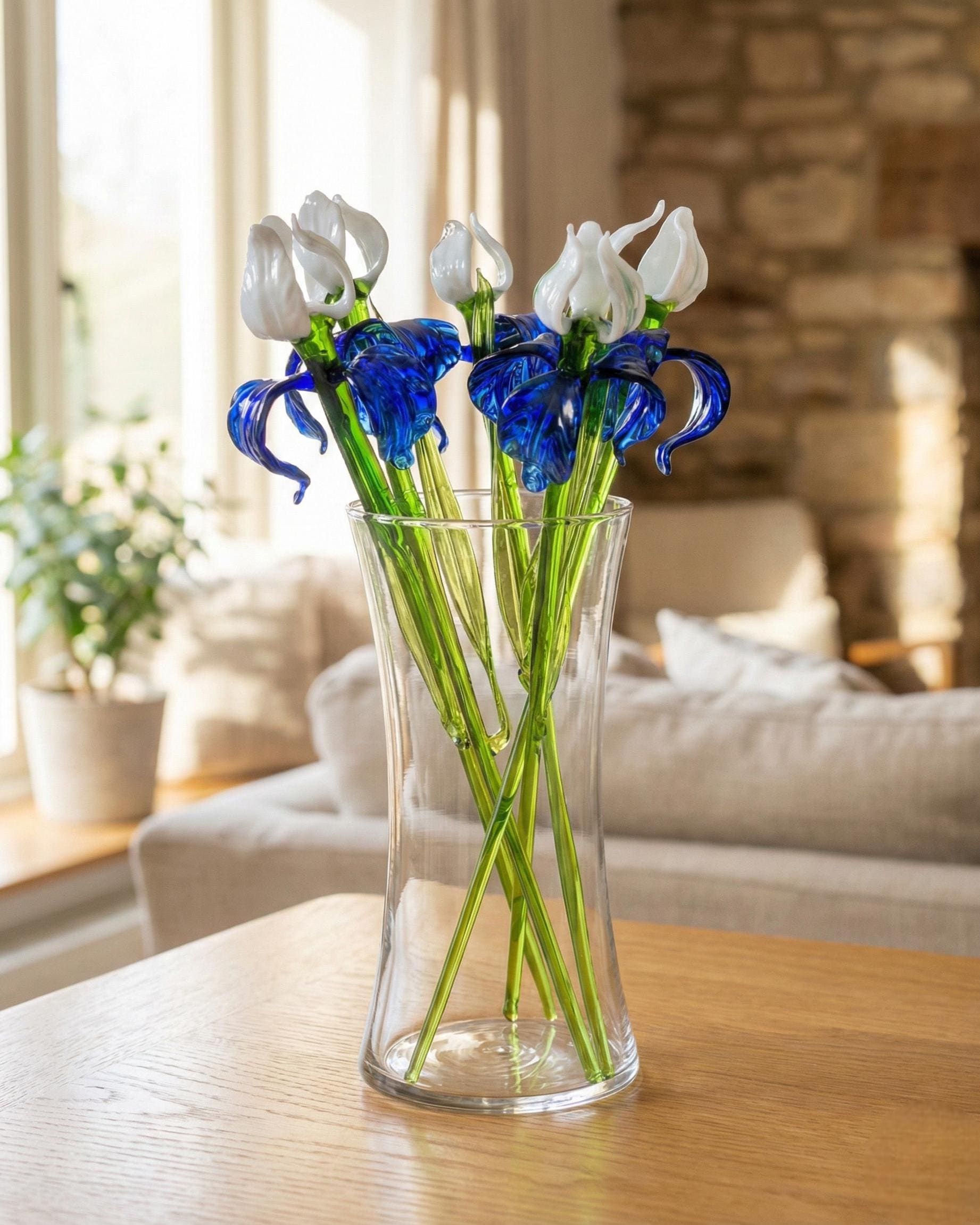 Fiore di iris in vetro - Bouquet di fiori in vetro lavorato a lume - Fiori in vetro a stelo lungo - Fiore in vetro soffiato per il mese di nascita - R