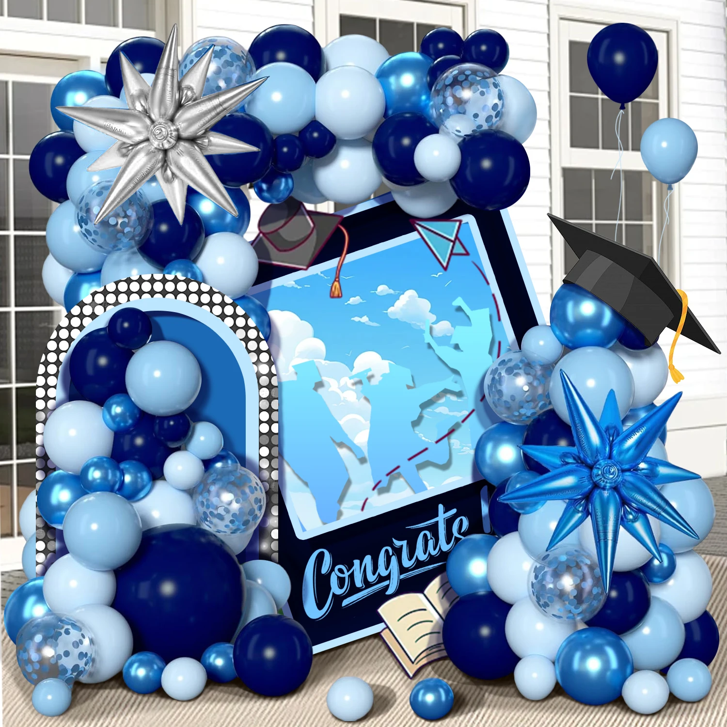 115-teiliges blaues Ballon-Girlandenbogen-Set zum Thema Graduierungsaison, blaue Maca-blaue, marineblaue Luftballons mit explodierendem Sternball Image