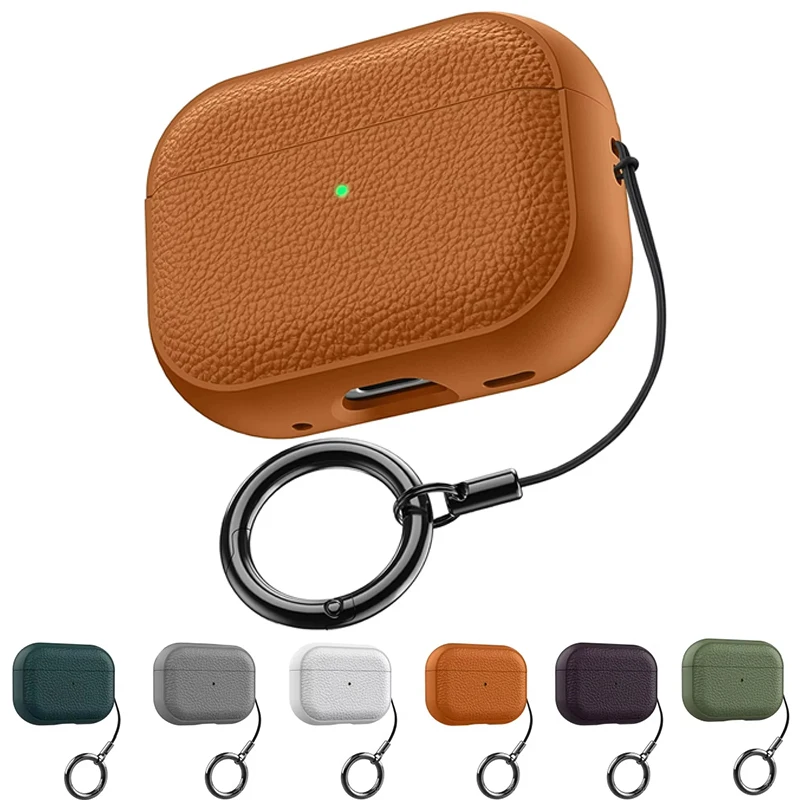 Litschi-Lederhülle für AirPods 4, 3, 2, 1, Business-Kopfhörerhüllen für Apple AirPods Pro, 1. und 2. Generation, Headset-Shell mit Haken Image