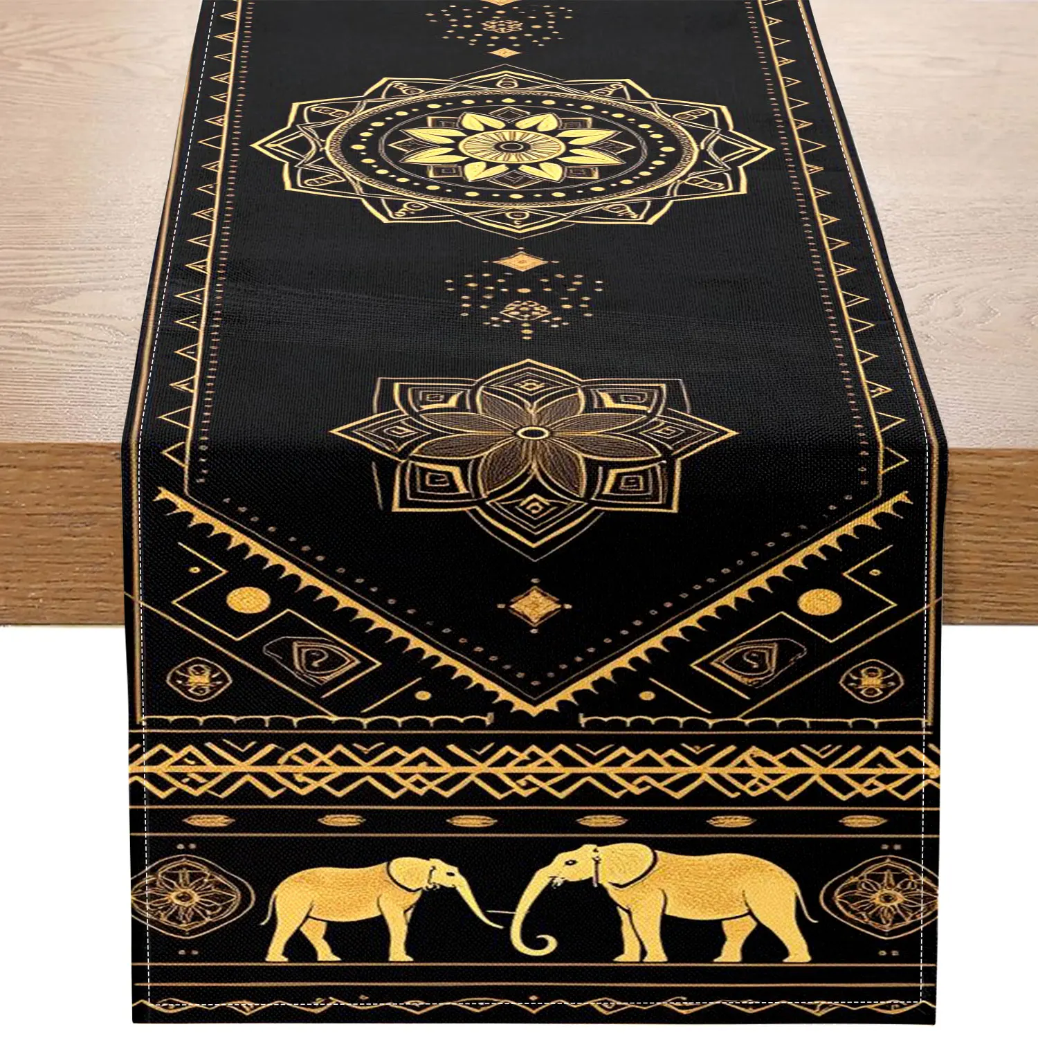 1-teiliger Tischläufer mit exotischem Thema mit Elefanten- und Mandala-Muster, geeignet für Dekoration im böhmischen Stil, Event im afrikanischen Stil, Hochzeitsbankett und Meditationsraum Image