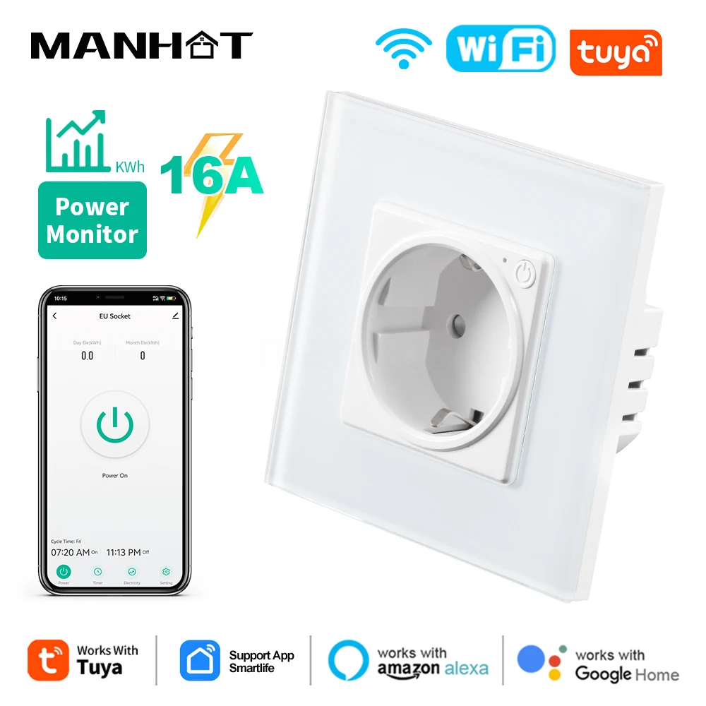 Tuya Smart WiFi EU Steckdose Glas Panel 16A Metering Steckdosen Mit Eisen Panel Basis Sprachsteuerung Mit Alexa Google Hause Image