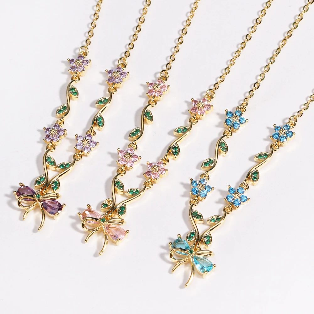 Sommer Neue Mode Exquisite Bogen Blatt Blume Halskette Für frauen Elegante Rosa Zirkon Kette Anhänger Schmuck Geschenke
