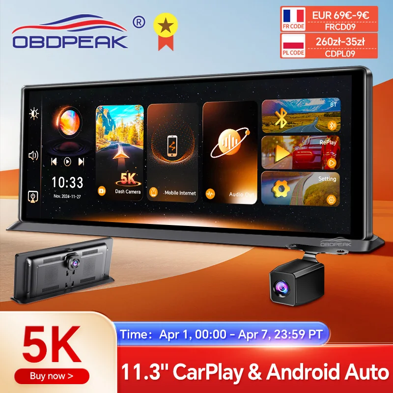 K8 Pro 11,3-Zoll-Touchscreen-Autokamera 5K Dashcam GPS 5G WiFi Wireless CarPlay & Android Auto Loop-Aufnahme GPS-Navigation DVR Image