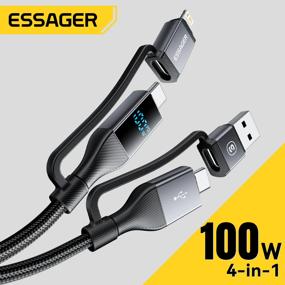 Essager 4 in 1 100 W USB-C-Kabel, digitales Display, schnelles Aufladen für iPhone 16 Huawei Xiaomi MacBook iPad USB Typ C-Beleuchtungskabel Image