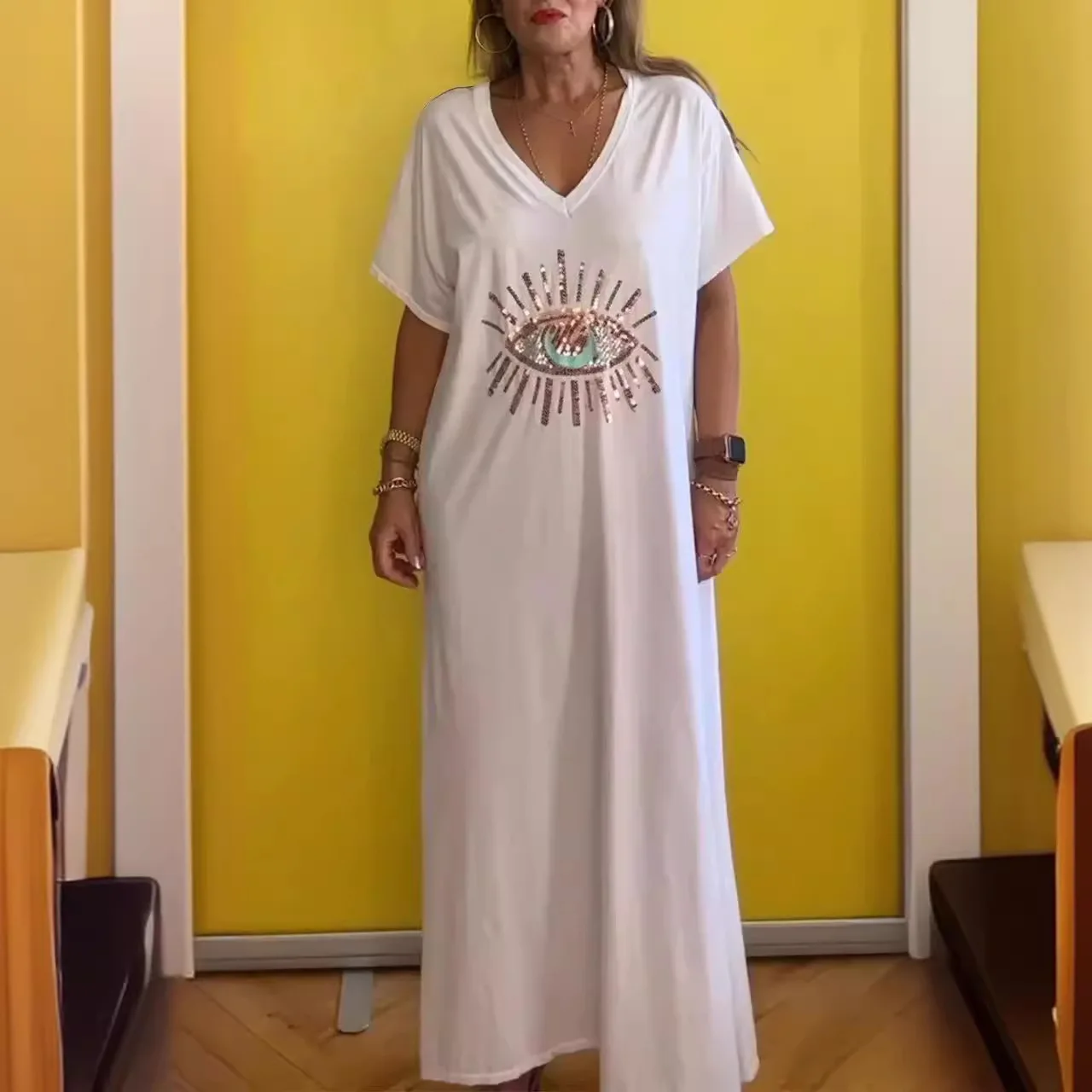Sommer Beliebte Modische Casual frauen Kleid Mit Augen Druck Einfarbig Kurzen ärmeln Urlaub Lose Große Größe Lange kleid Image