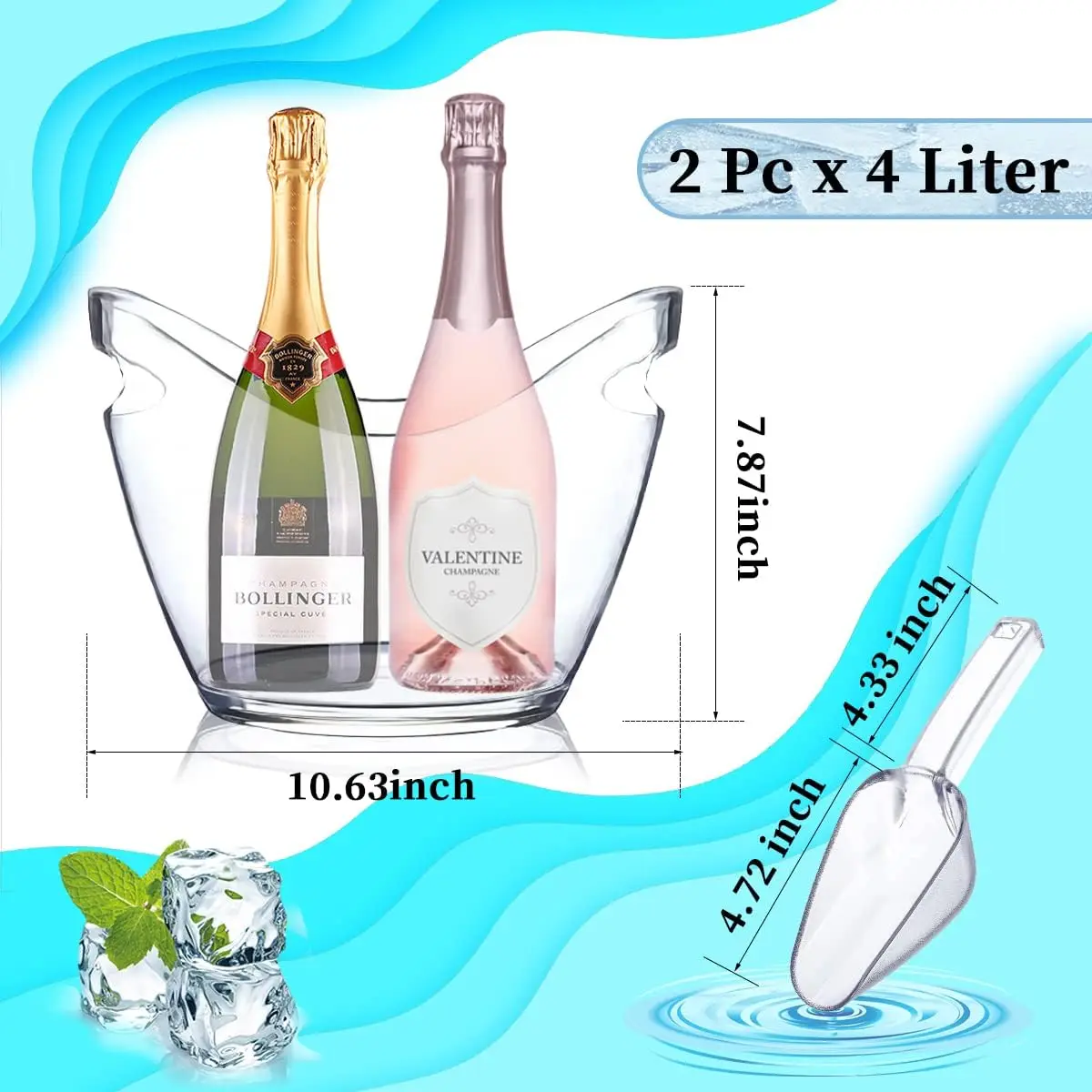 1 x Eiskübel und 1 Schaufel für Partys, transparenter PC-Eiskübel, 4 Liter, gut für 2 Champagner- oder 4 Bierflaschen, kostenloser Versand Image
