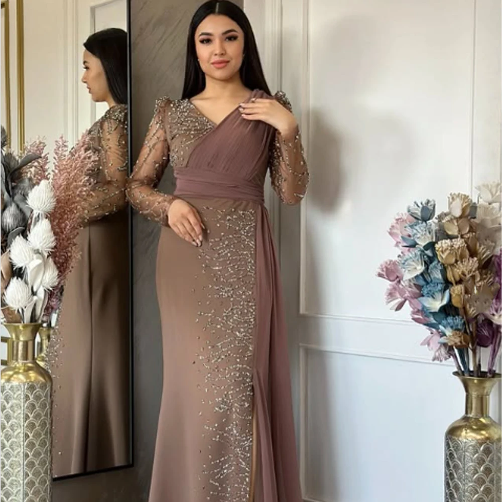 Customized Retro High quality Classic Jersey Beading Sequined Straight V-neck Long Dresses Evening Dresses Elegant Formal