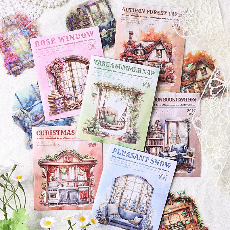 10-teiliges Vintage-Fenster-PET-Aufkleber-Set, Kreativität, selbstklebend, Diy, Handkonto, Tagebuch, Album, Scrapbooking, Material, Bastelbedarf Image