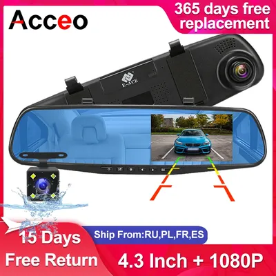 Dashcam 4.3Inch 1080P IPS Car DVR Driving Recorder Rearview Mirror Dual Lens Car Recorder Front and Rear Black Box