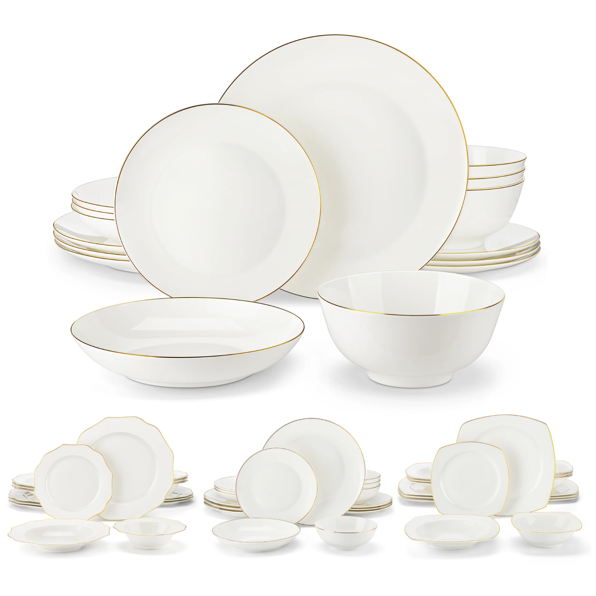 MALACASA 16/32-teiliges nordisches europäisches goldenes Rand-Geschirrset aus weißem Knochenporzellan mit Schüssel, Abendessen, Dessert und Suppenteller-Set für 4 Personen Image
