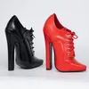 CA 15 cm quadratische High Heels, Damenpumps, Herren-Pole-Dance-Schuhe, nackte Stiefel, vordere Schnürsenkel, spitze Zehenpartie, Größe 46–46, Schwarz, Rot. Benutzerdefinierte Farbe