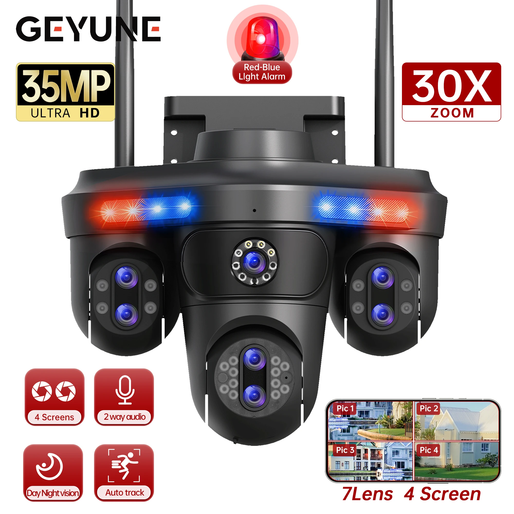 GEYUNE 35 MP WiFi IP-Kamera, 4 Bildschirme, 7 Objektive, 10-facher Zoom, kabellose PTZ-Überwachungskamera für den Außenbereich, automatische Verfolgung, CCTV-Überwachungskamera Image