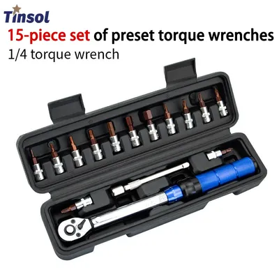 TINSOL 15Pcs Set Bicycle Torque Wrench Set 1/4" 2-24Nm Dual Direction Bike Allen Key Tool Socket Preset Type Spanner Pro Repair