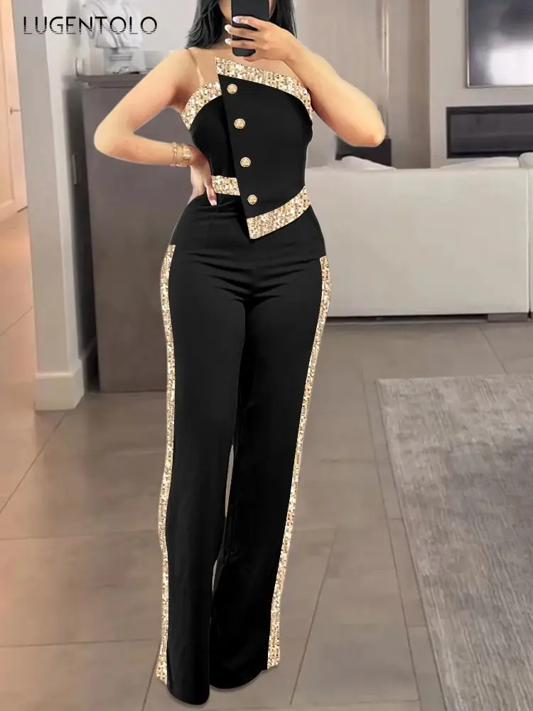 Frauen Kontrast Pailletten Overall Sexy Liebsten Overalls Dame Elegante Party 2025, Taste Dekor Beiläufige Breite Bein Strampler Image