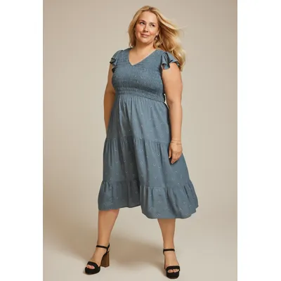 Maurices Plus Size Women's Printed Flutter Sleeve Smocked Midi Dress Blue Size 3X