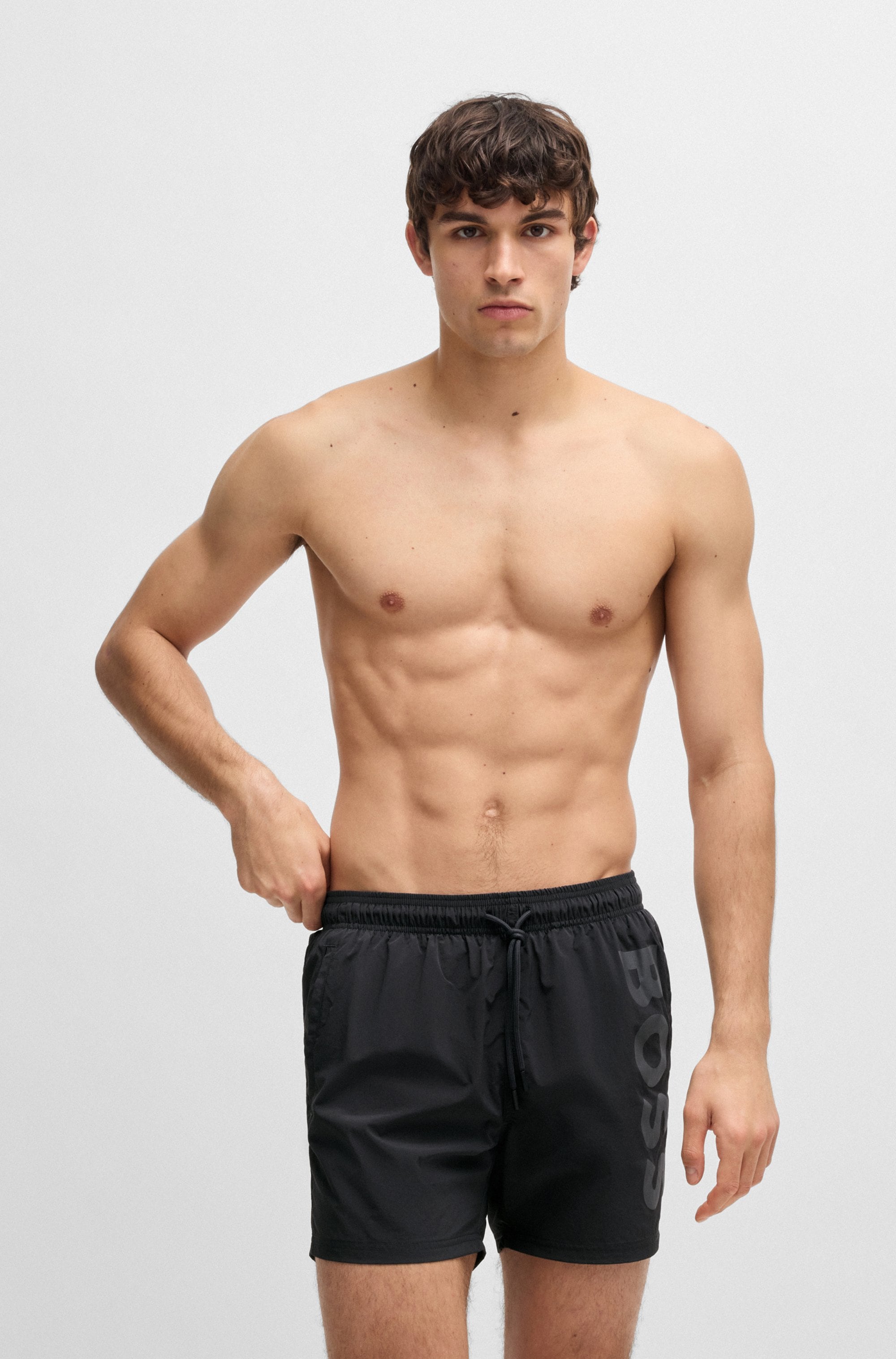 Badeshorts BOSS "Octopus", Herren, Gr. M50, N-Gr, grau (dunkelgrau 022), Web, Obermaterial: 100% Polyamid, Badehosen, Mit BOSS Logoschriftzug, elastischer Taillenbund mit Kordel Image