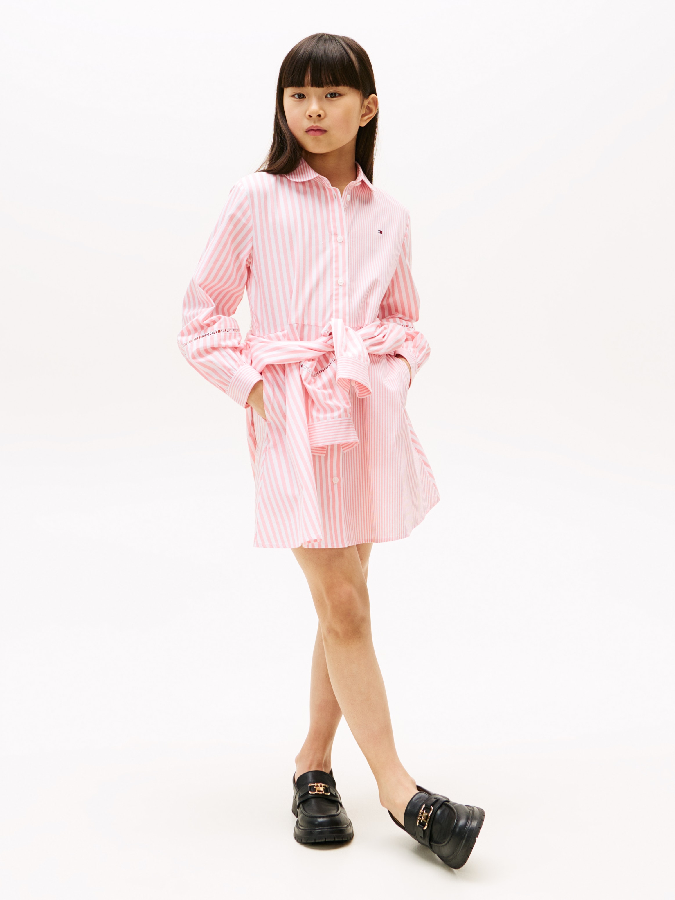 Blusenkleid TOMMY HILFIGER "STRIPED SHIRT DRESS LS", Mädchen, Gr. 16 (176), N-Gr, rosa (carnation pink stripes), Web, Obermaterial: 100% Baumwolle, gestreift, ausgestellt ca. Mitte Oberschenkel, Rundhals, 1-Knopf-Manschette, Kleider, für Kinder bis... Image