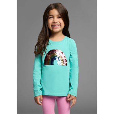 Langarmshirt KIDSWORLD "Regenbogen Pailletten-Applikation", Mädchen, Gr. 104/110, blau (türkis), Jersey, Obermaterial: 100% Baumwolle, bedruckt, modisch, Basic hüftlang, Rundhals, Langarm abgesteppte Kante, Shirts, Langarm, Basic-Passform, mit... Image