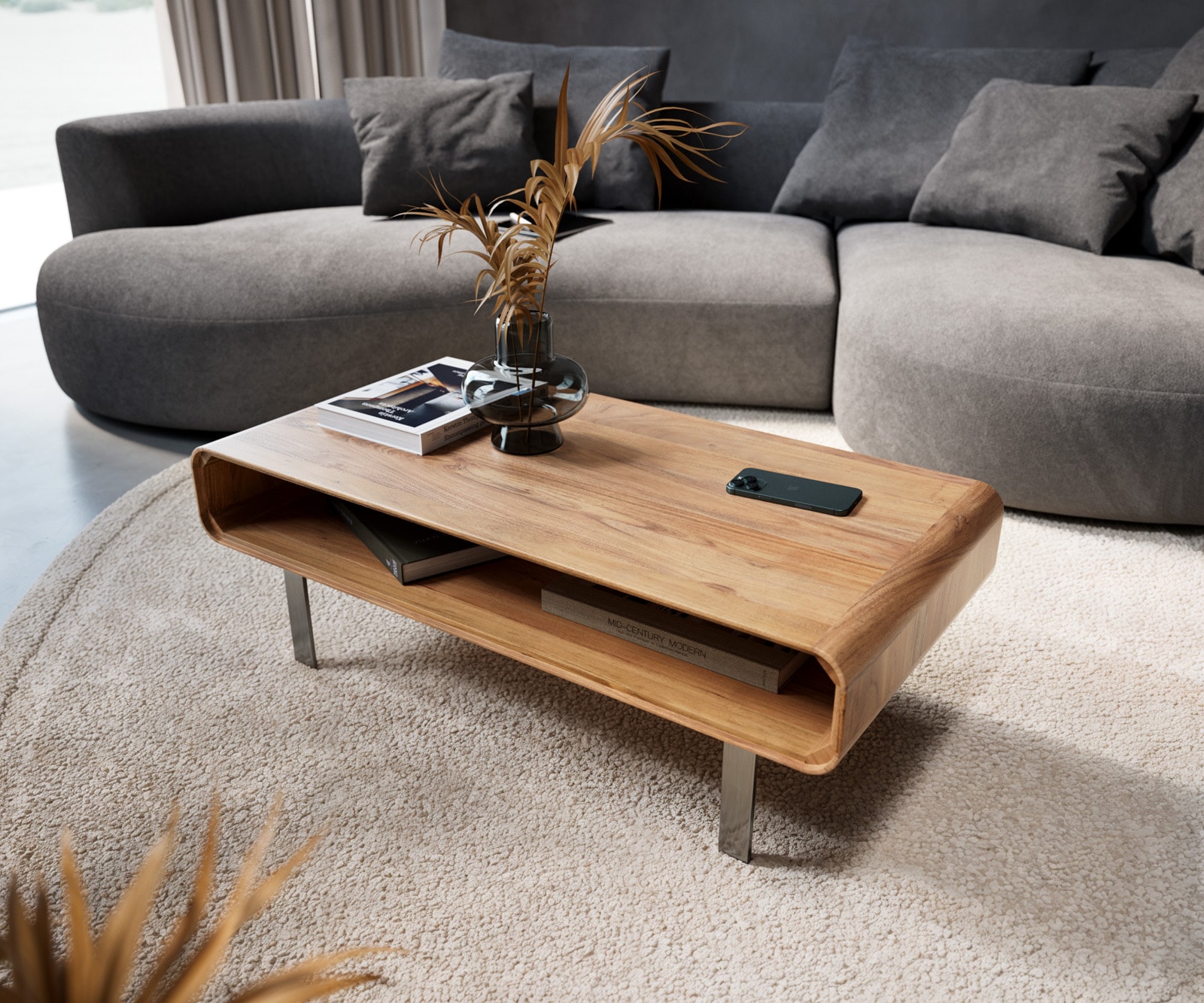 DELIFE Couchtisch Anaya 100x50 cm Akazie Natur 1 Fach L-Fuß Edelstahl, Couchtische Image