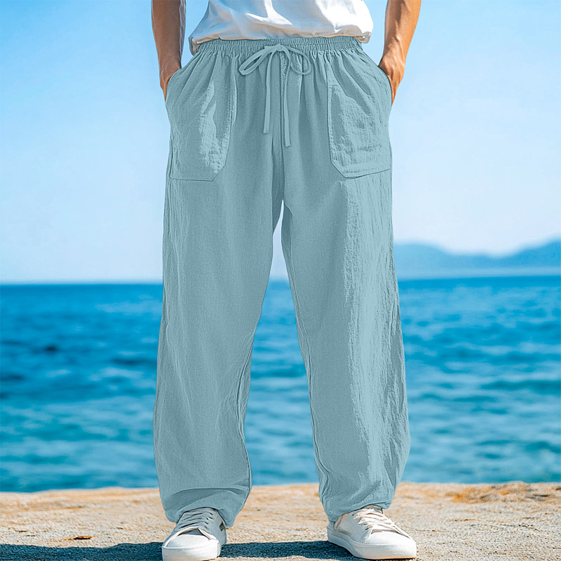 Men's Cotton Linen Pants Trousers Summer Pants Baggy Pants Beach Pants Drawstring Front Pocket Straight Leg Plain Comfort Soft Full Length Yoga Holiday Beach Vacation Fashion Black White Inelastic