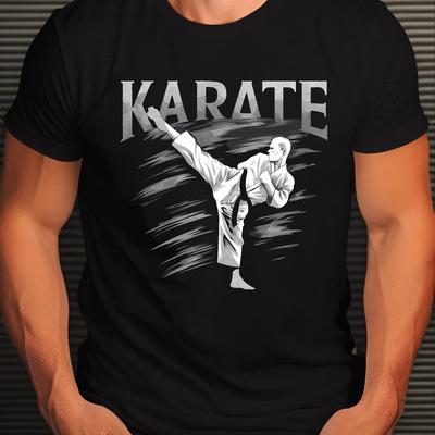 TEMU Men's Polyester Karate Graphic T-shirt, Casual Crew Neck, Short Sleeve, Knit Fabric Top With Stretch, Geometric-pattern, Regular Fit For Summer Image