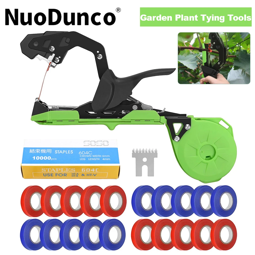 Neues, verbessertes Pflanzenbindemaschinen-Set. Leichte Gartengeräte für Pflanzen zum schnellen Binden von Weinreben mit Ersatzbändern und Heftklammern Image