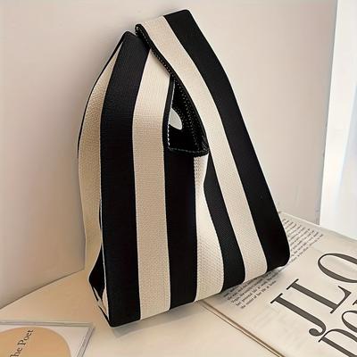 TEMU Fashion Striped Fabric Handbag For Women - Guangzhou Casual Woven Tote With Fixed Shoulder Straps, Unlined, Hand Washable - No-closure Top-handle Bag Image