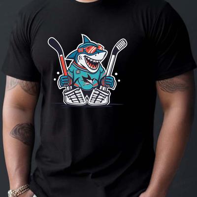 TEMU Men's Shark Hockey Goalie Graphic Tee - Casual Crew Neck, Short Sleeve T-shirt With - Breathable Polyester, Machine Washable - Summer Image