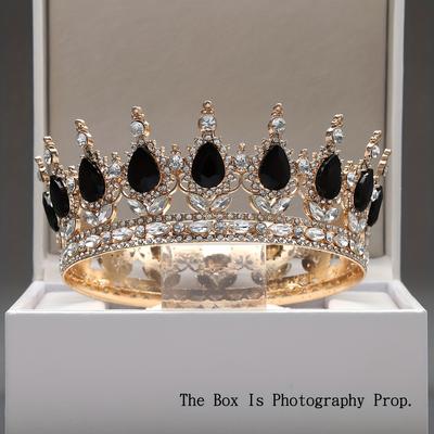 TEMU Baroque-style Black Rhinestone Crown For Girls - Elegant Blue Accessory With Sparkling Embellishments, Play & Parties, Princess Crown, Baroque Fashion, Rhinestone Embellishments Image