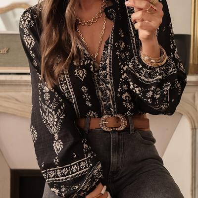 TEMU Women's Chic Beige Vintage Floral Print Blouse With Long Bubble Sleeves, Stand Collar, And Button-up Front - Versatile Shirt For Casual Or Dressy Outfits, Ladies Blouses Image