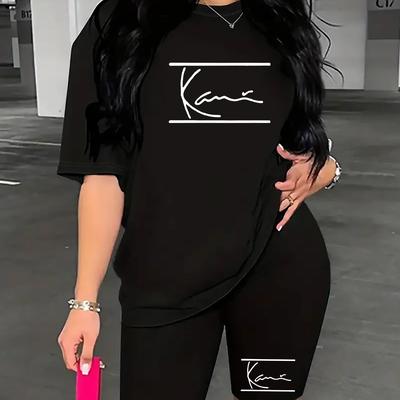 TEMU Women's Fashion Set Kani Simple Street Trendy Letter Print Two-piece, Short Sleeve T-shirt Plus Motorcycle Shorts 2pcs, Casual Spring/summer Clothing, Women's Clothing Image