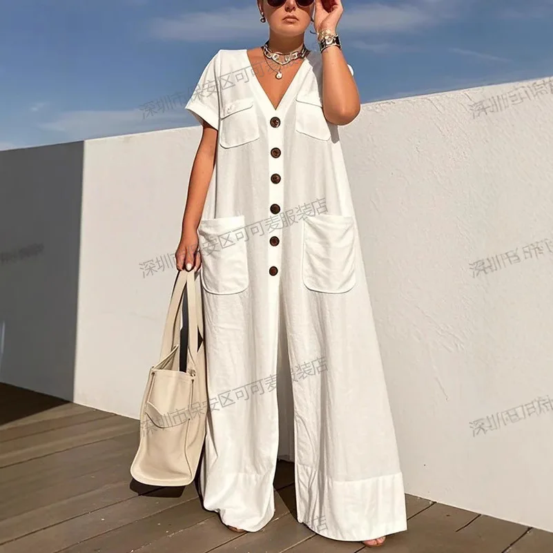 Neue Sommer V-ausschnitt einreiher frauen Overalls Mode Tasche Elegante Büro Strampler Beiläufige Lose Übergroßen Frauen Overall Image
