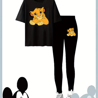 TEMU Animation Element Lion With Cartoon And Comfortable Print, Autumn Fashion Long-sleeved Top & Trousers Set, New Women's Suit Image