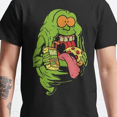 TEMU 100% Cotton Crewneck T-shirt With Slimer& Pizza Graphic- Black Casual Short Sleeve Tee For Men, Regular Fit, Machine Washable, Sizes S-3xl, Pop Clothing Nostalgia Apparel Durable Print Image