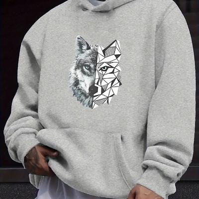 TEMU Wolf Pattern Print Men's Casual Fashion Hooded Sweatshirt With Kangaroo Pocket, Regular Fit, Machine Washable Image