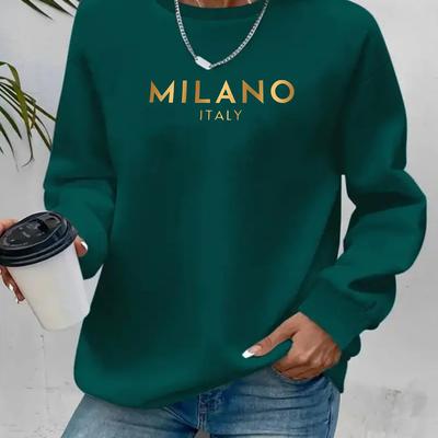 TEMU Women's Italy Golden Letter Print Sweatshirt - Long Sleeve Round Neck Pullover, Machine Washable Fall Top With Italian- Image